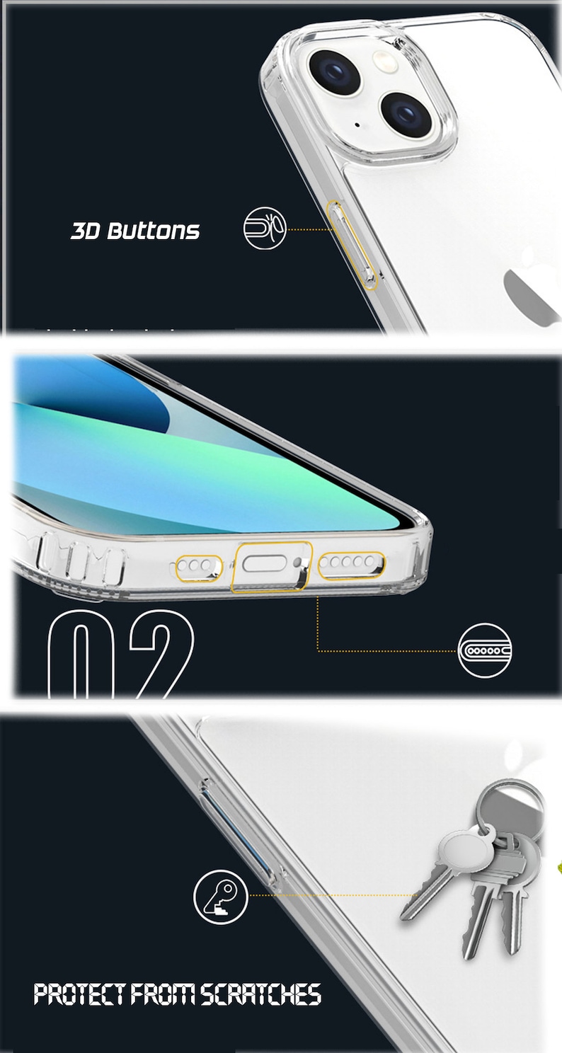 May include: A clear phone case with raised buttons and a 3D button design. The case is designed to protect the phone from scratches. The case is shown with keys on top of it.