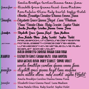 May include: A pink background with a list of names in black text. The names are Amelia, Brooklyn, Caroline, Dianna, Emma, Fiona, Elizabeth, Grace, Gianna, Hazel, Luna, Madison, Nova, Natalie, Olivia, Ruby, Scarlet, Sophie, and Violet. The names are repeated in different combinations on each line. The names are in a cursive font.