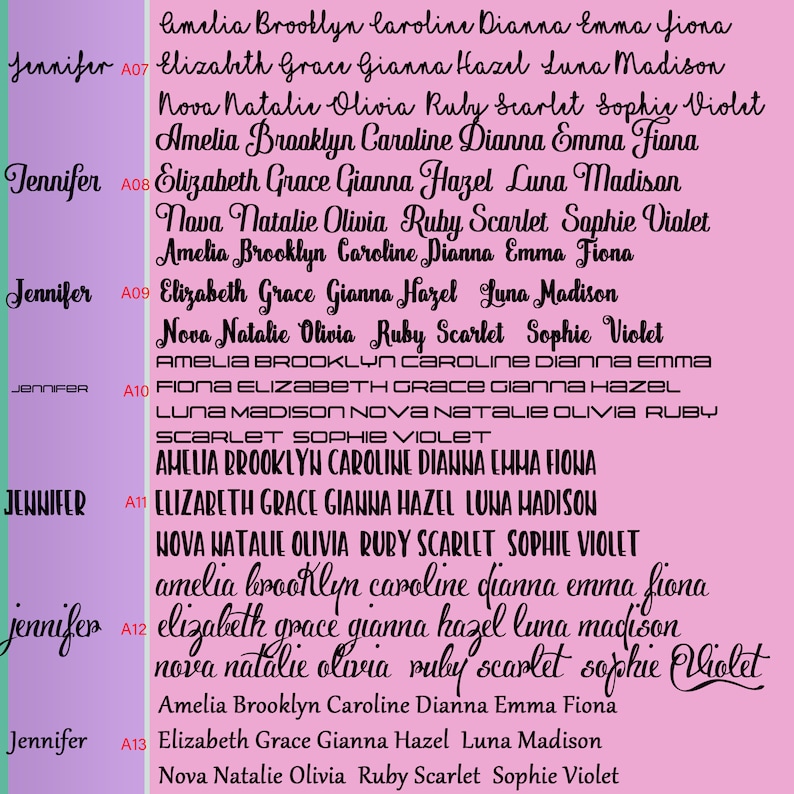 May include: A pink background with a list of names in black text. The names are Amelia, Brooklyn, Caroline, Dianna, Emma, Fiona, Elizabeth, Grace, Gianna, Hazel, Luna, Madison, Nova, Natalie, Olivia, Ruby, Scarlet, Sophie, and Violet. The names are repeated in different combinations on each line. The names are in a cursive font.