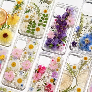 Coque de portable fleurs pressées pour iPhone 16 15 14 13 12 11 Pro Max Coque Samsung S25 plus S23 S24 Ultra, Google Pixel 8 9 pro xl