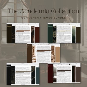 May include: The Academia Collection Scrivener Themes Bundle is displayed. The image shows several computer screens with text and various color schemes, including brown, green, and black. The text "The Academia Collection" is at the top.