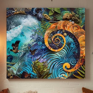 Collage de arte cultural maorí, espiral koru y patrones maoríes de unidad, inspirado en la naturaleza, arte tradicional, decoración del hogar, lienzo mate, estirado, 3,18 cm