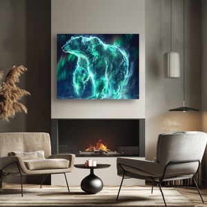 May include: A digital art print of a polar bear made of blue and green flames against a dark blue background with a starry sky and green aurora borealis.