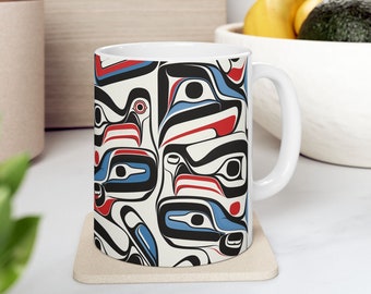 Haida Art Mug, indigenes pazifischer Nordwesten Design, Keramikbecher mit abstraktem Stammesmuster, indianisches Erbe