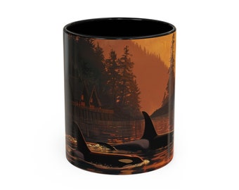 Malerischer Orca-Becher im pazifischen Nordwesten, Ureinwohner Kunst, Stammeskunst, Tlingit Kunst, Ureinwohner Kunst, Orca-Tasse, Kaffeetasse 11 oz