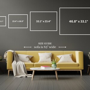 May include: A size guide for artwork displayed above a yellow sofa. The guide shows four different sizes of artwork with their dimensions in inches. The text below the artwork reads "SIZE GUIDE sofa is 85" wide".