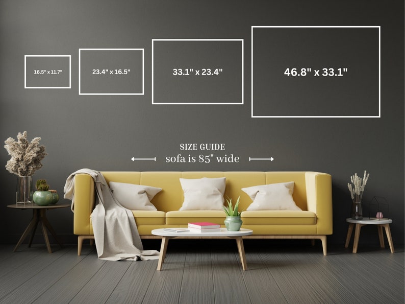 May include: A size guide for artwork displayed above a yellow sofa. The guide shows four different sizes of artwork with their dimensions in inches. The text below the artwork reads "SIZE GUIDE sofa is 85" wide".