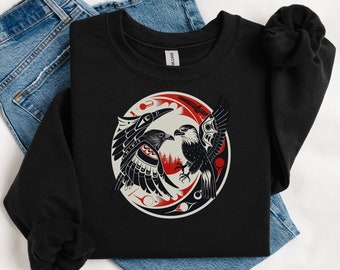 Suéter del noroeste del Pacífico con cuervo y águila, arte tribal tlingit, ropa de arte indígena, arte nativo.