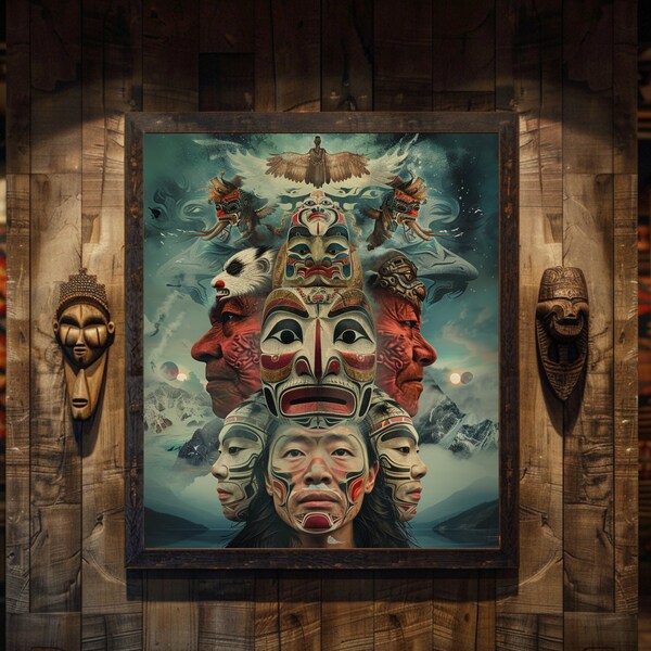 Indigenous Mythology Art Poster, Handcrafted Tribal Masks and Spirits Against Mountainous Landscape, Unique Cultural Wall Art, Gloss Poster