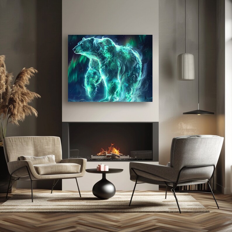May include: A digital art print of a polar bear made of blue and green flames against a dark blue background with a starry sky and green aurora borealis.