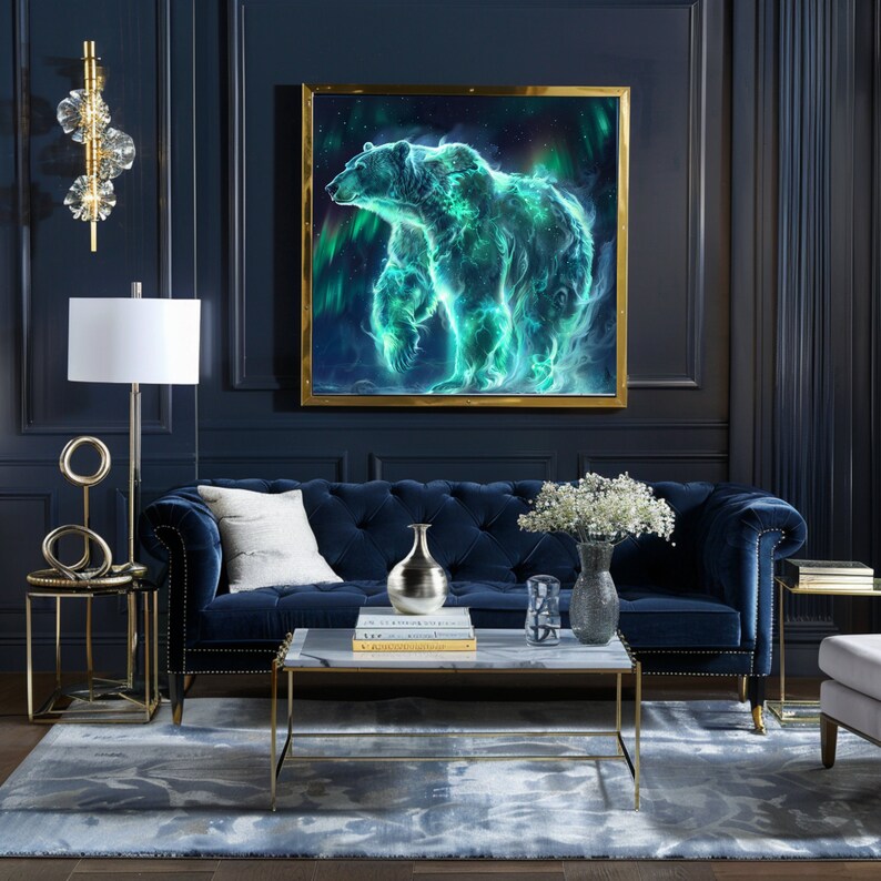 May include: A blue velvet sofa with white pillows in a living room setting. A framed print of a green and blue polar bear with a starry background hangs on the wall above the sofa. A gold metal coffee table with a marble top sits in front of the sofa.