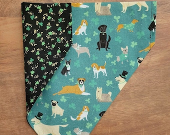 St. Patrick's Day Reversible Dog Bandana, Over the Collar Dog Bandana, Cotton Fabric, Four Leaf Clover with Gold Glitter Fabric