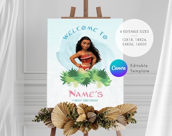 Moana-verjaardagsbord: bewerkbare canvassjabloon (digitale download, formaten 12 x 18/18 x 24/24 x 36/16 x 20)