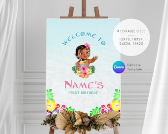 Sjabloon Moana-welkomstbord verjaardag: bewerkbaar in canva (digitaal)