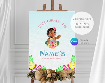 Sjabloon Moana-welkomstbord verjaardag: bewerkbaar in canva (digitaal)