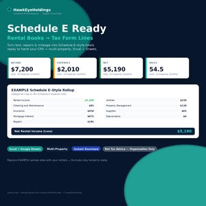 May include: A digital bookkeeping template titled Schedule E Ready by HawkEyeHoldings. The dark blue graphic displays financial data fields for income, expenses, net, and miles, alongside an example Schedule E-style rollup table for rental properties.