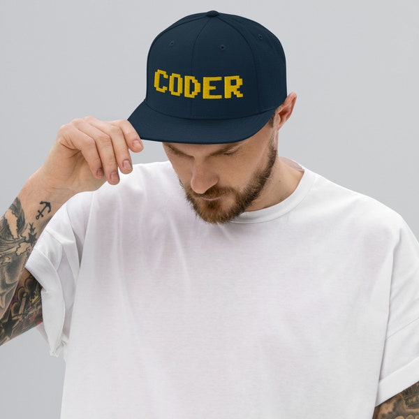 CODER Hat, Gift for Computer Programmers, Coders, Techies and Geeks, Yellow Stitch Snapback Hat