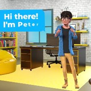May include: A digital illustration of a person in an office setting. The person is wearing glasses and a blue jacket. A speech bubble says "Hi there! I'm Peter." The room includes a desk, bookshelves, a hanging chair, and a yellow beanbag chair.