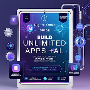 May include: A digital guide on a tablet screen titled "Digital Oasis Guide: Build Unlimited Apps + AI." The guide features a blue and purple color scheme with a futuristic design. The text "Unleash Your Creativity Image & Prompt Generation! For Any Niche." is displayed below the title. The guide also includes the text "AI-Powered App Development Creation Made Niche."