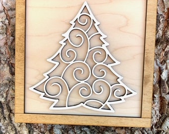 Filigree Tree, Christmas Tree Sign, Wood Sign, Laser Engraved Sign, Tiered Tray Sign, Christmas Tree Sign, Neutral Decor, Christmas Decor
