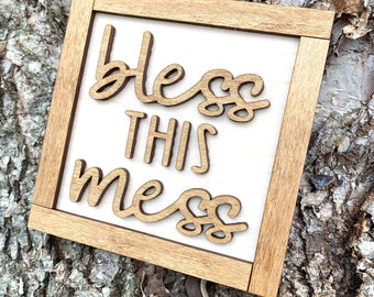 Bless This Mess Wood Sign, Humor Sign, Wood Sign, Tiered Tray Sign, Messy Room Sign, shelf sign, gallery wall sign, Humorous Sign