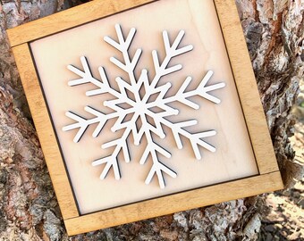 Snowflake Sign, Snow Sign, Wood Sign, Laser Engraved Sign, Tiered Tray Sign, Wood Snowflake Sign, Neutral Decor, Christmas Decor
