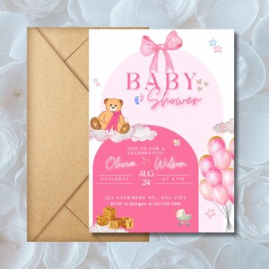 Roze meisje babyshower sjabloon, teddybeer babyshower ontwerp, baby blokken babyshower bewerkbare sjabloon, uitnodiging babyshower afdrukbare