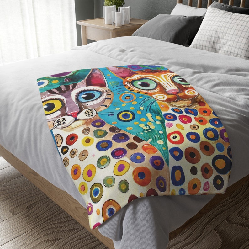 Colorful Cat Lover Blanket Crazy Cat Lady Gift Throw Klimt Big Eyes