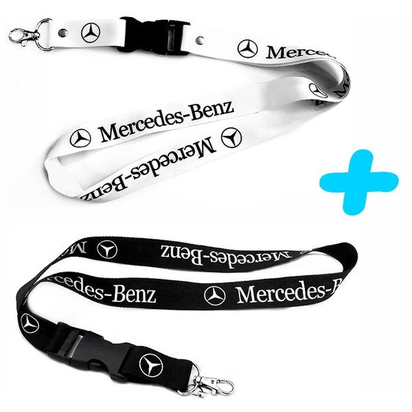 2 Mercedes Benz Lanyards 1 White and 1 Black Car Racing Keychain Key Ring Clip ID Cellphone Neck Strap Badge Holder Hanger Double Sided