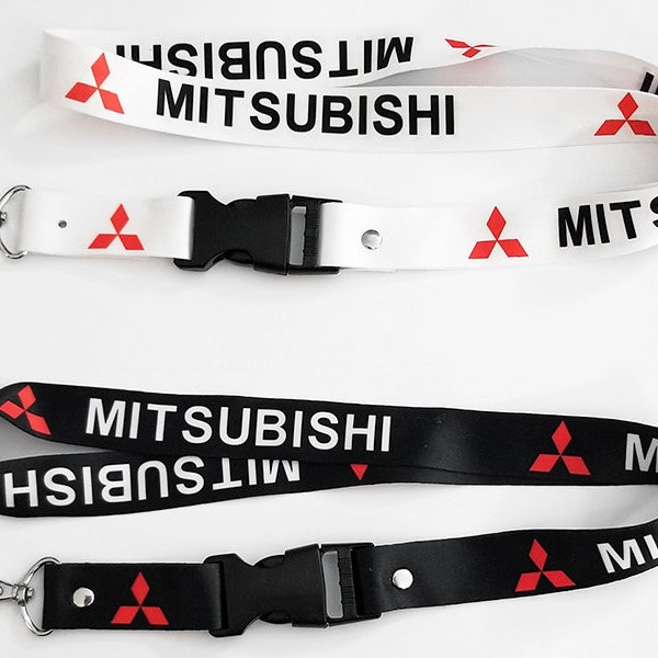 2 Mitsubishi Lanyards 1 White and 1 Black Car Racing Keychain Key Ring Clip ID Cellphone Neck Strap Badge Holder Hanger Double Sided