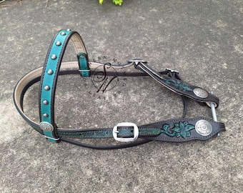 Carved Teal and Chocolate Browband Headstall with Cream Lining