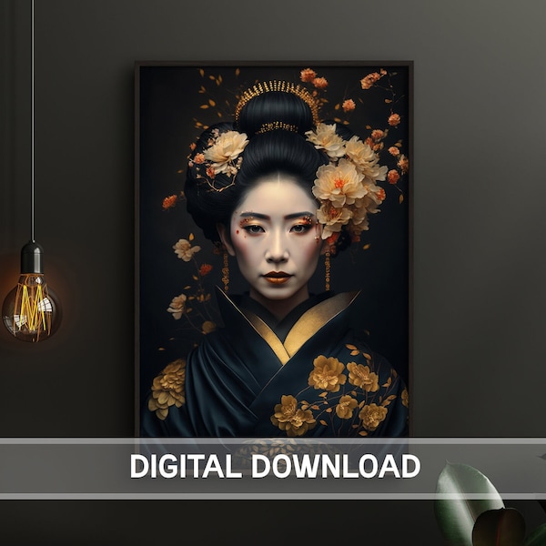 Digital Download Geisha Wall Art Poster Geisha Portrait Print Japanese Geisha Wall Art Black and Gold Japanese Poster Cherry Blossom Sakura