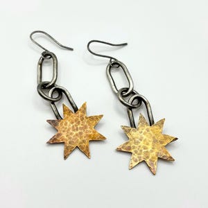 Sterling Silver Earrings. Brass Medieval Stars. Made in Canada. Handmade Silversmith Jewerly. Fantasy Gothic Accessories. Witchy Dark Design