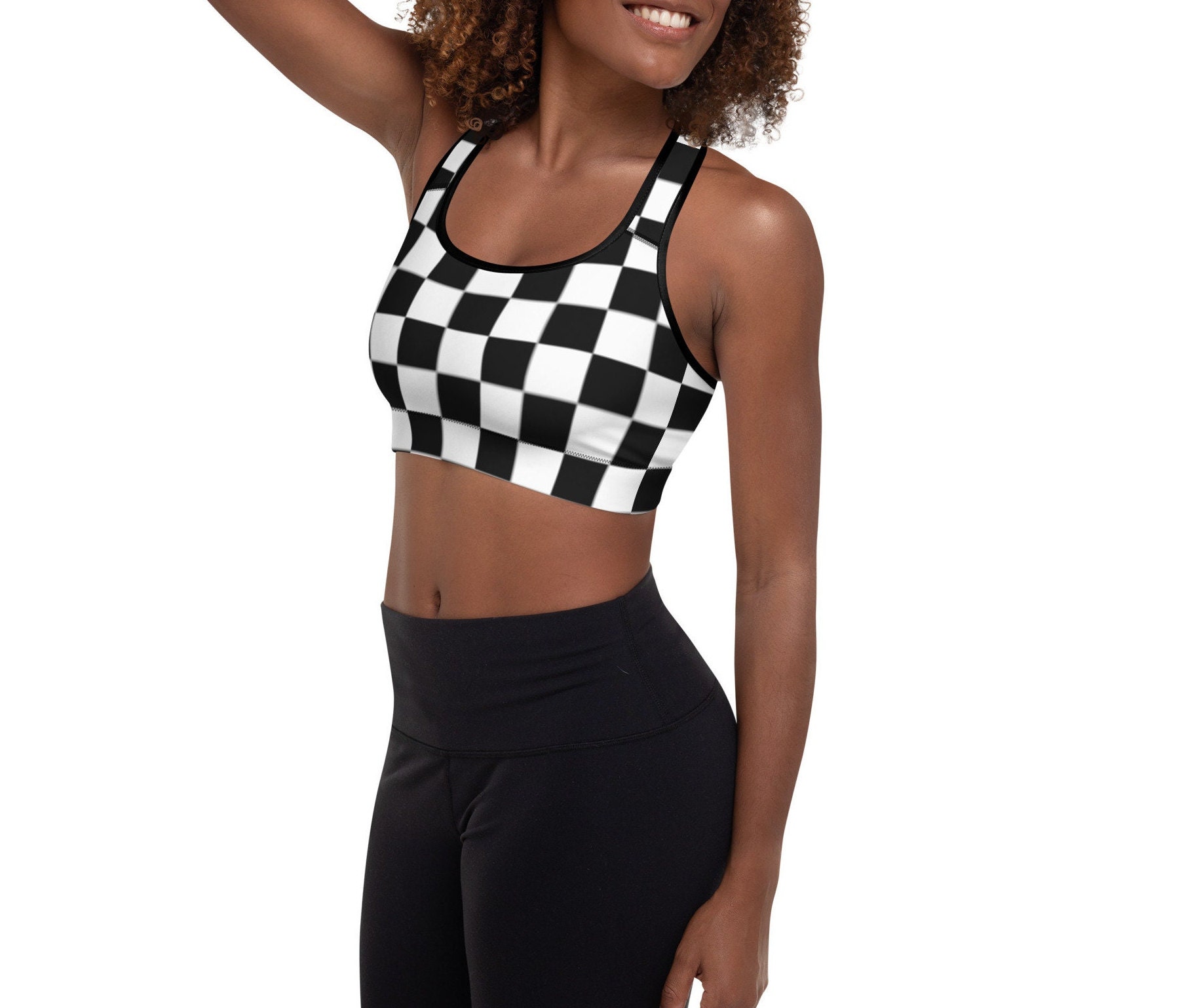  Black White Racing Checkered Women's Sports Bra Padded