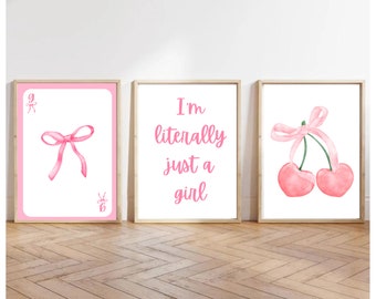 Trendy Pink Schleifen Wand Kunst 3er Set, Preppy Poster, College Wohnung Dekor, Aquarell Bögen Druck, kokette Raumdekoration, Girly Wandkunst