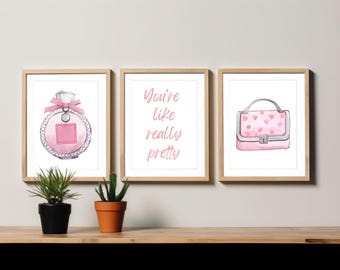 You're Like Really Pretty, Pink wall art set of 3, watercolor print, pink perfume, pink purse, dorm decor, coquette room decor