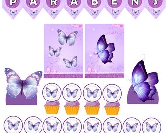 Fête d'anniversaire de papillons violets nom et âge personnalisés, rapide et facile pour votre fête ! expédition en 24 heures !