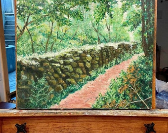 Charles Moone landscape painting "Untitled" with stone wall  [Ohio] 1998