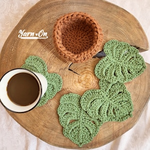 Monstera Leaf Coasters with optional storage pot, succulent plant set, crochet coasters, succulent decoration *Made to Order*