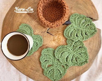 Crochet Monstera Leaf Coasters: Boho Plant Decor with Storage Pot