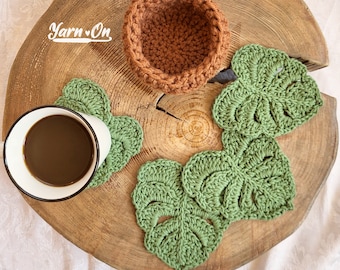 Monstera Leaf Coasters with optional storage pot, succulent plant set, crochet coasters, succulent decoration *Made to Order*