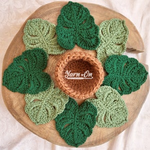 Monstera Leaf Coasters with optional storage pot, crochet coasters, succulent decoration *Made to Order*