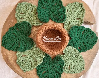 Monstera Leaf Coasters with optional storage pot, crochet coasters, succulent decoration *Made to Order*