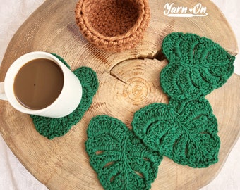 Monstera Leaf Coasters with optional storage pot, succulent plant pot set, crochet coasters