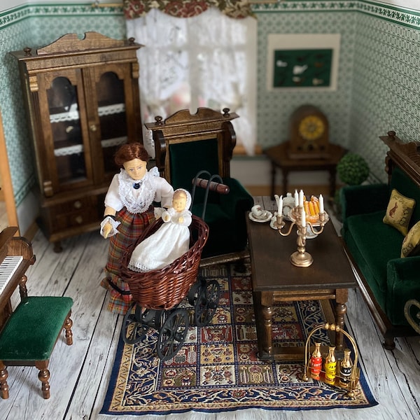 Dora Kuhn Gründerzeit Wohnzimmer 1:10 dunkelbraun Puppenstube Vintage Vitrine Sofa Tisch