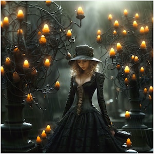 Puede incluir: Una mujer con un vestido negro y un sombrero de ala ancha se encuentra en un bosque oscuro y misterioso. Está rodeada de candelabros de hierro forjado ornamentados con velas encendidas. La escena recuerda a un cuento de hadas gótico.