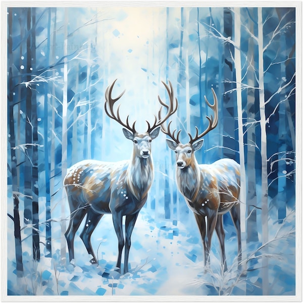 Premium poster made of matte paper with or without a wooden frame - "Reindeer in the Winter Forest" - Fantasy watercolor digital painting