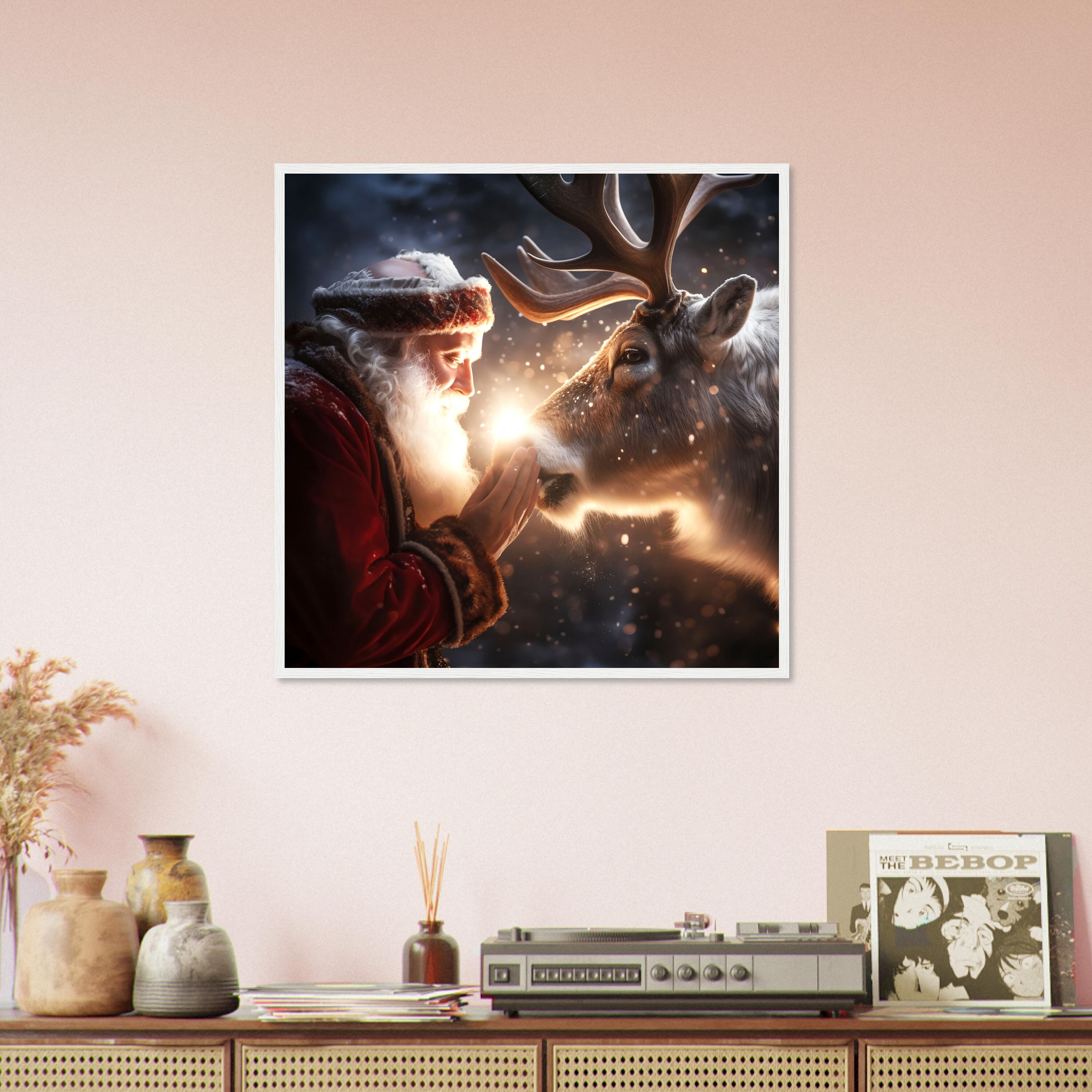 サンタがトナカイにクリスマスの精神を祝福 - プレミアムポスター