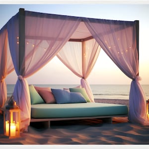 Premium poster made of matte paper with white wooden frame -- Canopy bed on the beach / Canopy bed on the beach - Photorealistic Digital-Art