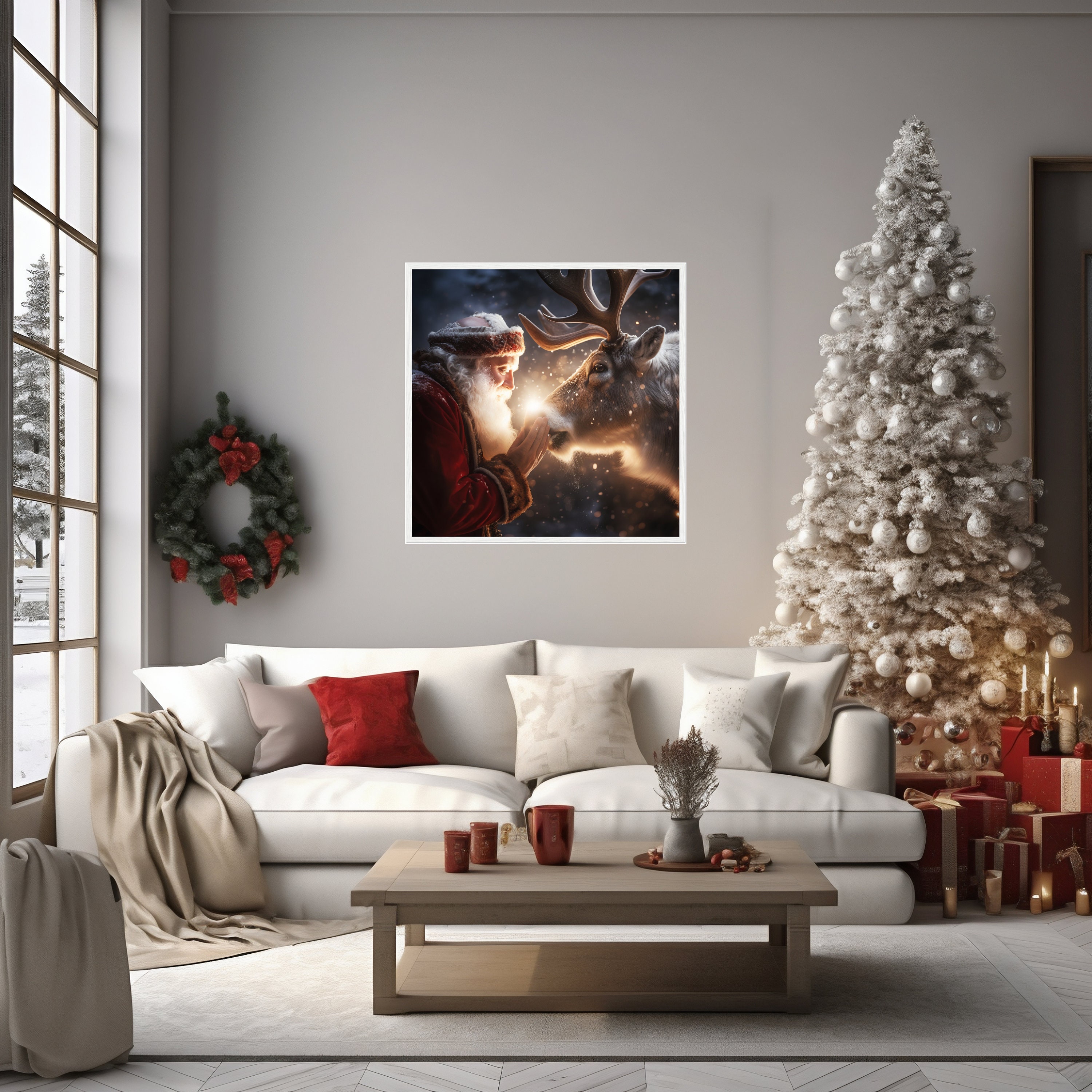 サンタがトナカイにクリスマスの精神を祝福 - プレミアムポスター